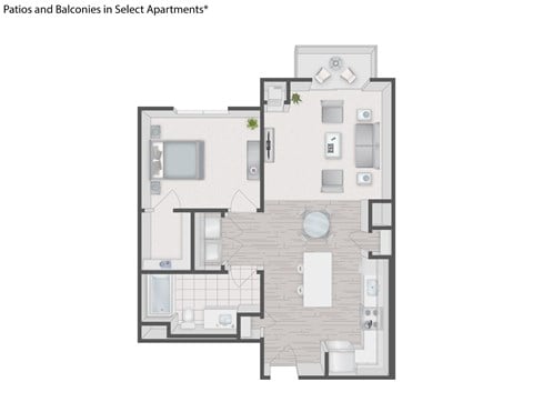 Floor plan for 1 bed, 1 bath, 770 sqft